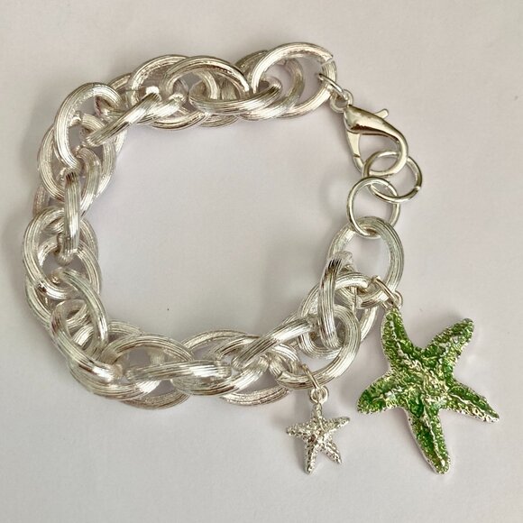 Silver Sea Life Starfish Charm Bracelet 8-8.5" Chain Beach Plus Size Plated - Picture 8 of 10